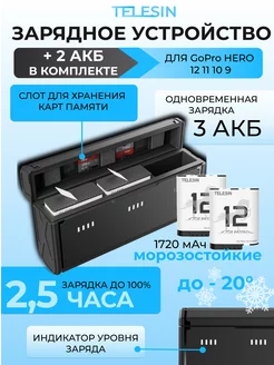 Зарядное устройство+2 морозоустойчивых акб для GoPro 11,10,9